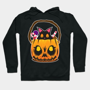 Black cat in malevolent pumpkin full of sweets on Halloween Hoodie